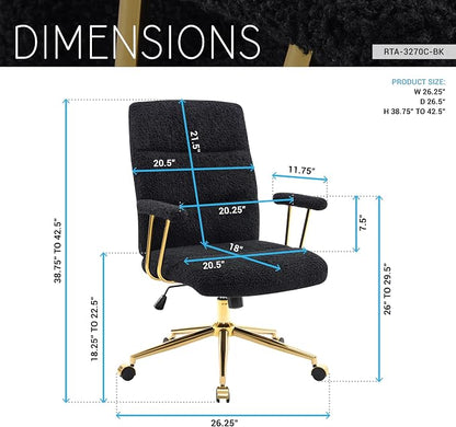 Techni Mobili Boucle Office Chair, Adjustable Desk Chair, Black & Gold | Black boucle office chair, gold base, padded seat, height adjustable, modern desk chair, textured fabric, swivel, ergonomic