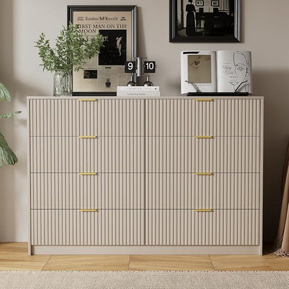 Furniway Beige Dresser for Bedroom, Modern Dresser with 8 Drawers and Smooth Slides, Wide Chest of Drawers with Golden Handles for Bedroom, Closet, 15.7" D x 55" W x 37.4" H