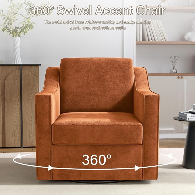 Swivel Accent Chairs Set of 2, Comfy Chenille Swivel Chair with Deep Seat, Upholstered Club Armchair with 360 Degree Rotation Base, Single Sofa Reading Chair for Living Room Bedroom, Orange
