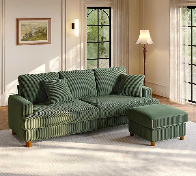 Welzona 87.2" Couches for Living Room, Comfy L Shaped Couch Green 7.5" Thicker Cushion, Sofas for Living Room Tool-Free Setup, Loveseat with Ottoman 848lbs Support, Corduroy Couch for Bedroom, Office