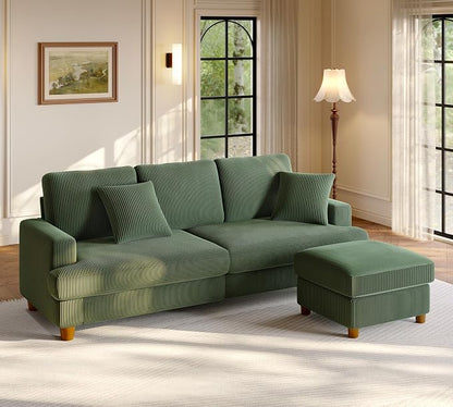 Welzona 87.2" Couches for Living Room, Comfy L Shaped Couch Green 7.5" Thicker Cushion, Sofas for Living Room Tool-Free Setup, Loveseat with Ottoman 848lbs Support, Corduroy Couch for Bedroom, Office