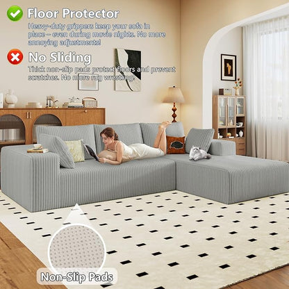 96" Modular Sectional Sofa, Modern Corduroy Cloud Couch with Deep Seat, Boneless Couch Upholstered 3-Seater L-Shaped Sofa for Living Room, No Assembly Required (Light Grey, Right-Facing Chaise)