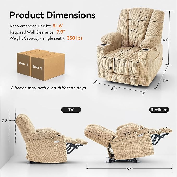 MCombo Zero Gravity Power Recliner Chair with Heat and Vibration Massage, Reclining Chair with USB & Type C Ports, Cup Holders for Living Room, Fabric 8015 (Beige)