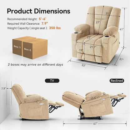 MCombo Zero Gravity Power Recliner Chair with Heat and Vibration Massage, Reclining Chair with USB & Type C Ports, Cup Holders for Living Room, Fabric 8015 (Beige)