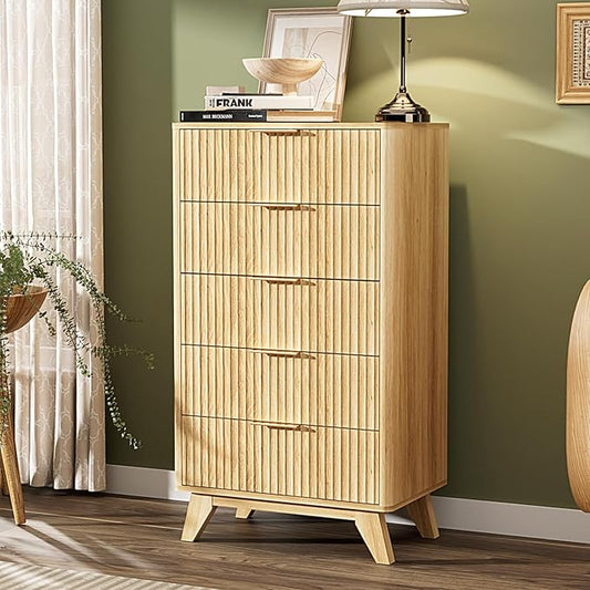 VINGLI Fluted Tall Dresser 5 Drawer, 23.66" W Chest of Drawers, Oak Wood Dresser for Bedroom Mid Century Modern with Rounded Edge, 23.66" W*15.6" D*44.88" H