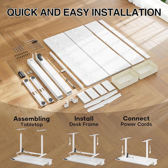 Veken 47x28 in Electric Standing Desk with Drawers, Adjustable Table, White | Stand up Computer Desk for Home Office, Work & Study, with Storage, 3 Memory Presets, Cable Organizer, Hook, and Quiet Lift.