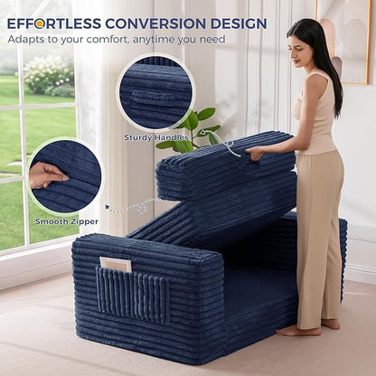 MAXYOYO Convertible Sofa Bed, 2 in 1 Folding Couch Bed for Small Space, Pull Out Loveseat Sofa Couch with Large Back Pillow, Plush Faux Fabric Lounge Couch for Living Room, Apartment, Navy