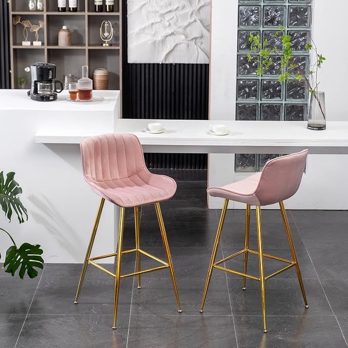 Sidanli 29 Inch Bar Stools Set of 2, Pink Barstools with Back and Gold Plated Legs, Upholstered Barstools for Bar, Living Room, Kitchen Island, Farmhouse