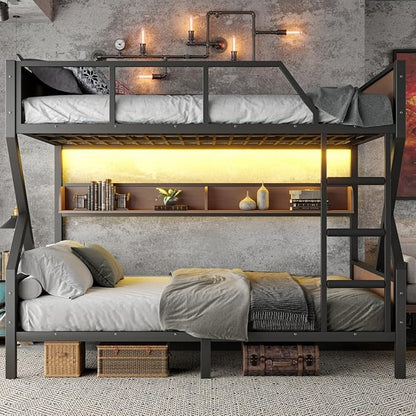 KEIKI Queen Over Queen Bunk Bed, Heavy Duty Metal Bunkbed with Storage Shelves, Lights, Bottom Space & Guardrail for Aldults Dorm Bedroom Guest Room, No Box Spring Needed, Noise-Free Design