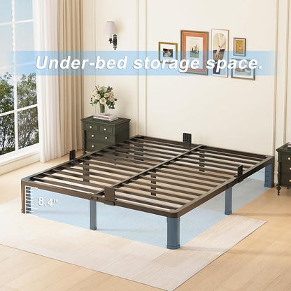 10 inch Queen Bed Frame with Round Corner Legs and Headboard Hole Mattress Slide Stopper Low Profile Heavy Duty Metal Platform,Steel Slats Support,No Box Spring Needed,Easy Assembly,Noise Free