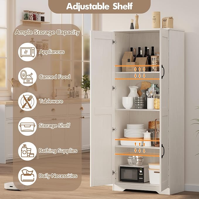 Garvee Kitchen Pantry Cabinet, Freestanding White Pantry Storage Cabinet, 60 in Cupboard, Tall Bathroom Storage Cabinet with 2 Doors and Adjustable Shelves, for Dining Room, Living Room, White
