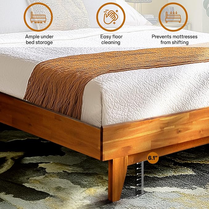 Acacia Aurora Wooden Bed with Headboard, Queen Size Bed Frame, 800lbs Capacity Wood Bed Compatible with All Mattress Types, Non-Slip & Noise-Free, Wood Slats Support, Easy Assembly, Caramel.