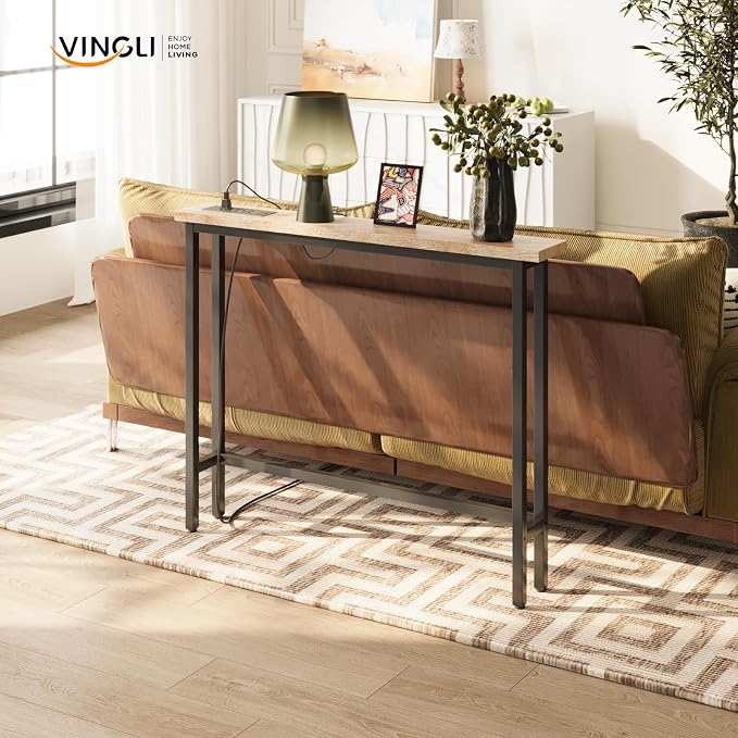 VINGLI 39" Console Table with Charging Station, 5.9" Narrow Sofa Table Behind Couch, Entryway Table with Power Outlet & 4.9 Ft Extension Cord & Adjustable Feet, for Living Room, Hallway, Oak