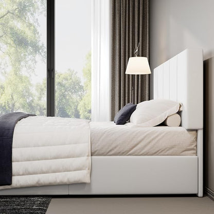 Allewie Full Size Dutch Velvet Upholstered Platform Bed Frame/Vertical Channel Tufted Adjustable Headboard/Low Profile Bed Frame/No Box Spring Needed/Easy Assembly/White