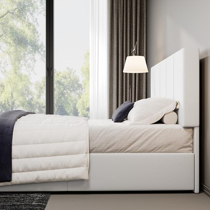 Allewie Queen Size Dutch Velvet Upholstered Platform Bed Frame/Vertical Channel Tufted Adjustable Headboard/Low Profile Bed Frame/No Box Spring Needed/Easy Assembly/White