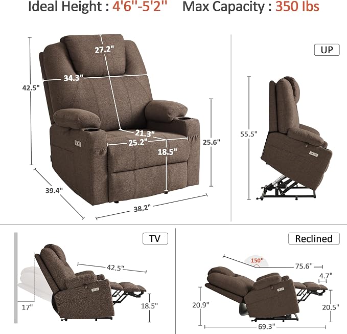 MCombo Power Lift Recliner Chair for Elderly R7042(Brown, Small-Wide) | Heat and Massage, USB& Type C Charging Port, FSC Certified