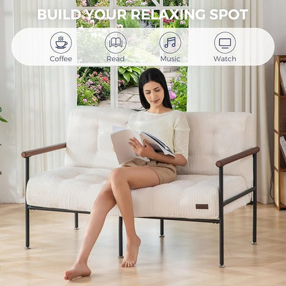 MAXYOYO Living Room Accent Chair, Loveseat Sofa Chair with Sturdy Metal Frame & Wood Armrests, Button Tufted Upholstered Small Couch Modern Love Seat for Bedroom Office, Beige