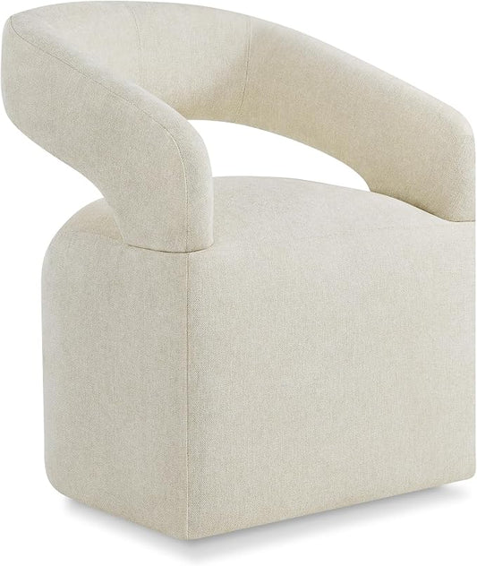 KISLOT Upholstered Dining Chairs Set of 1, Modern Rolling Dining Chairs with Hidden Casters, Arm Kitchen Chairs with Linen Look Fabric, Padded Barrel Chairs for Dining Room, Kitchen, Cream Beige