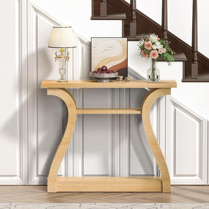 Wooden Console Table with Curved Legs and Shelf, 3-Tier Modern Accent Narrow Sofa Table for Entrance Area, Living Room, Hallway, 47 in Wide Wood Console Table for Entryway (Natural)