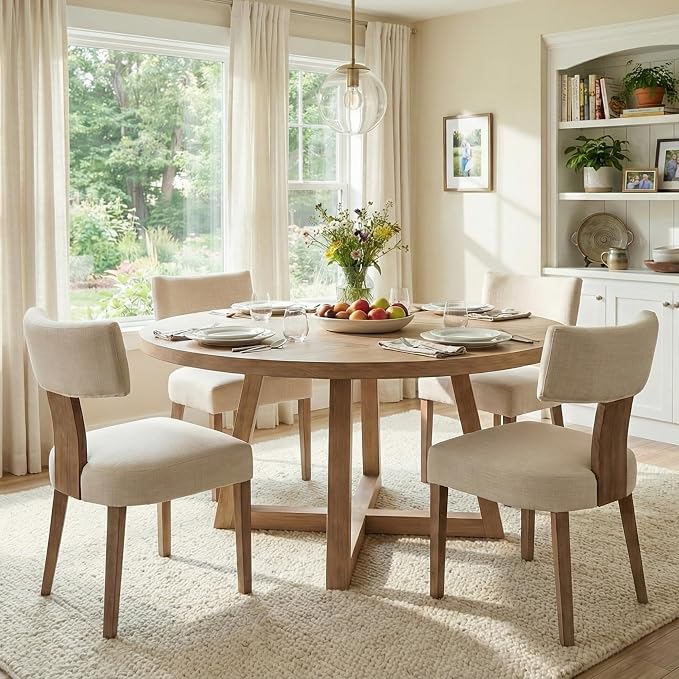 RIVOVA Mid Century Modern Dining Chairs Set of 4 Upholstered Linen Fabric Dining Chairs Curved Backrest Farmhouse Dining Room Chairs Kitchen Chairs with Wood Legs, Beige