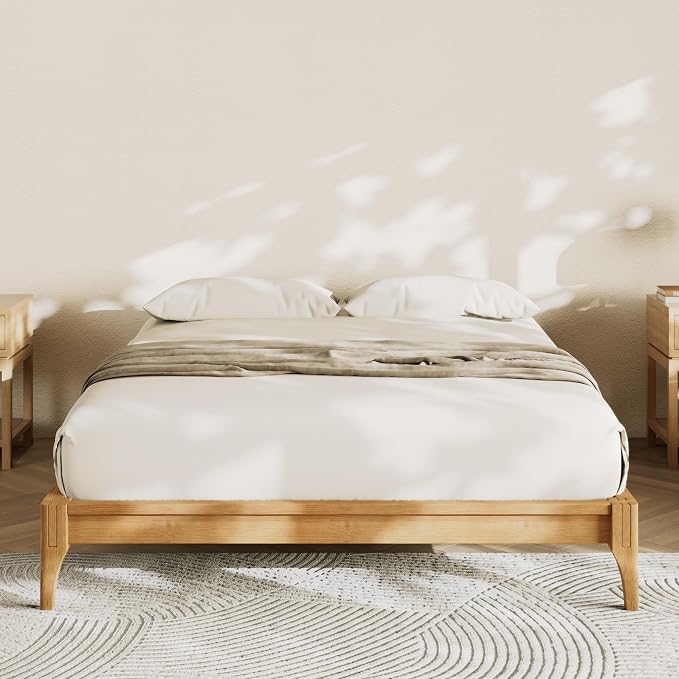 Merax Mid-Century Bamboo Platform Bed, Queen Size Bed Frame with Wood Slat Support, No Box Spring Needed, Easy Tool-Free Assembly, Natural