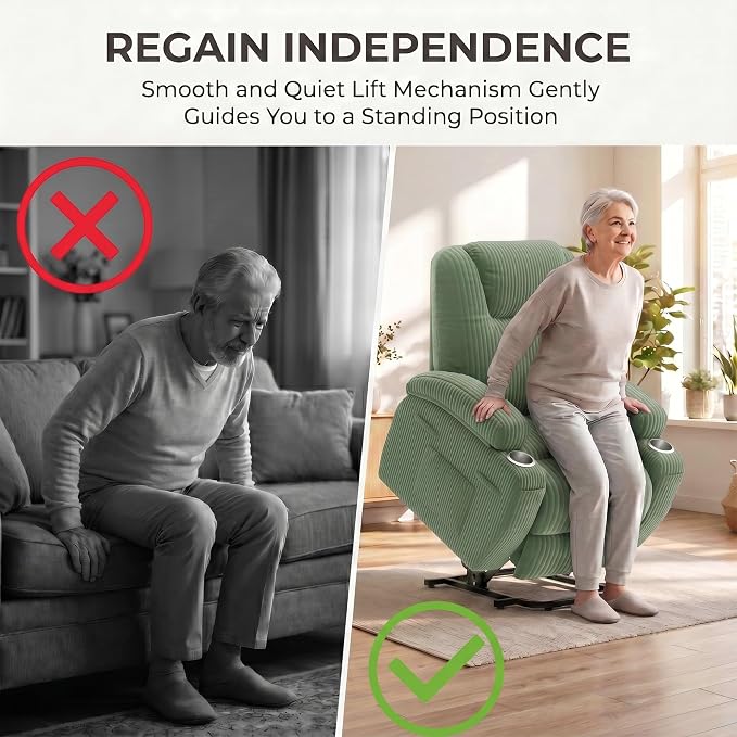 Flamaker Power Lift Chair Massage Recliner Chairs for Elderly, Corduroy Ergonomic Design with Cup Holders & Side Pockets, Remote Control (Green)