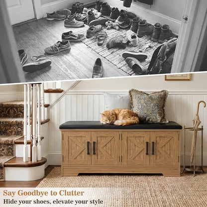 Farmhouse Shoe Storage Bench with Cushion - 43.3" Entryway Bench with Storage & 4 Barn Doors, 2-Tier Wooden Shoe Rack Bench, Shoe Cabinet & Mudroom Bench for Bedroom Hallway Living Room, Brown Oak