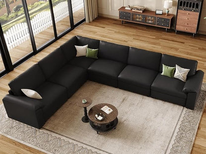 EASE MOOSE Leather Sectional Couch, Oversized Modular Sectional Sofa, Classic Wide Deep Seat Modular Couch, Scratch Resistant Faux Leather Material, L Shaped Sofas for Living Room, Black