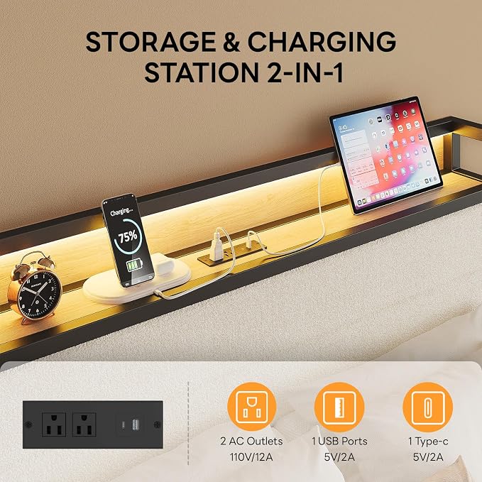 LIKIMIO Full Bed Frame with Storage Headboard and LED Lights, Metal Platform Bed with Charging Station, Noise Free, No Box Spring Needed, Under Bed Storage, Natural and Cream