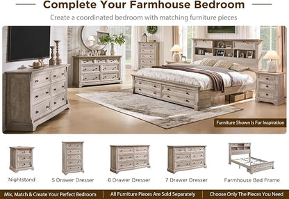 Farmhouse King Size Bed Frame with 54" Tall Storage Bookcase Headboard, 18" Roman Column Decoration Footboard,2 Drawer & 4 Storage Rack, Wood Platform Bed Frame, No Box Spring Needed(Light Rustic Oak)