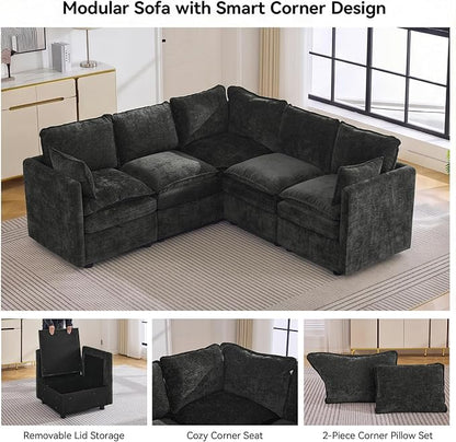 80" Dark Grey Modular Storage Sofa, V Shaped Chenille Cloud Couch | Oversized Convertible Sectional Sofa, 5-Seat Sectional Couch With Armrests, Large Cloud Couch For Living Room, Apartment.