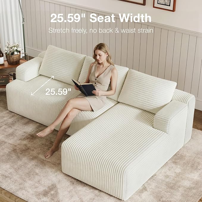 Novilla L-Shape Sectional Couches for Living Room with Smarts Coil® Support, 3 Seater Sectional Sofas for Living Room Bedroom, Corduroy Cloud Couch Sectional, No Assembly(Beige, Right Hand Facing)