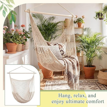 Barydat 2 Pcs Hanging Hammock Chair Boho Swing Chair Outdoor Indoor Comfy Soft Cotton Rope Weaving with 40 Inch Detachable Metal Bars for Backyard Living Room Garden, 270lb Capacity (Beige)