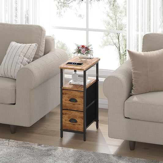 sthmec Narrow End Table with Charging Station, Narrow Side Table with 2 Fabric Drawers, Slim Nightstand, Skinny Bedside Table, Small Side Table for Small Spaces, Living Room, Bedroom, Rustic Brown