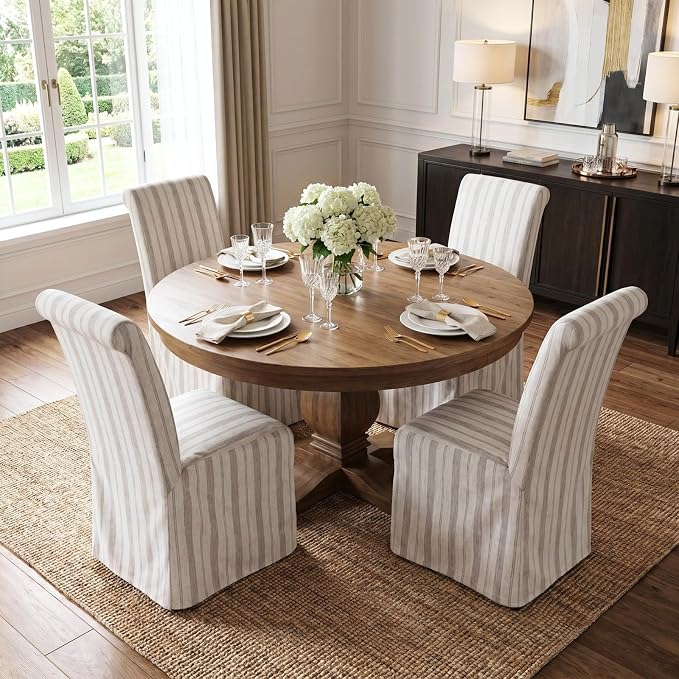 chairus Slipcovered Parsons Dining Chairs Set of 4, Upholstered Dining Room Chairs with Removable Linen Cover & High Back, Modern Farmhouse Wooden Side Kitchen Chairs, Khaki Stripe