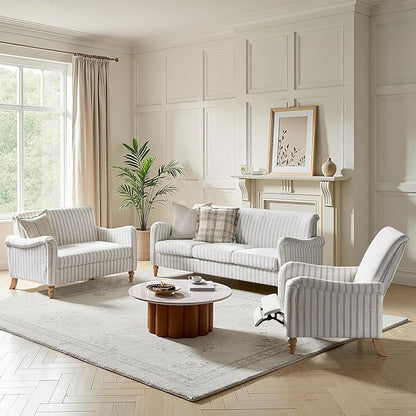 HULALA HOME Farmhouse Curved Couch with Stripe Pattern, 3 Seater Sofa with Solid Wood Spindle Legs and Rolled Wide Armrests, Comfy Upholstered Sofa for Living Room Bedroom, Grey