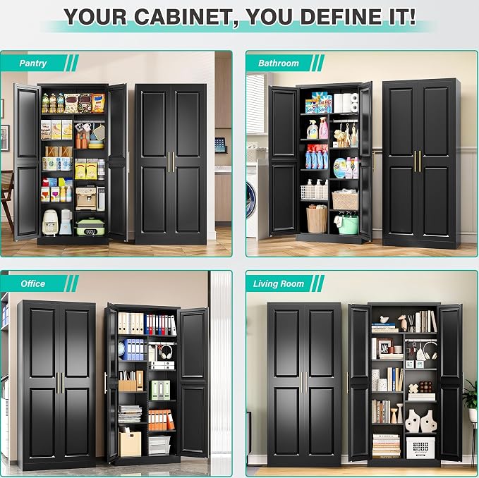 SISESOL 71" Tall Storage Cabinet with 9 Shelves and Hanging Rod,Kitchen Pantry Cabinet with 2 Door,Black Metal Storage Cabinets,Large Cupboard for Home,Kitchen,Laundry,Bathroom
