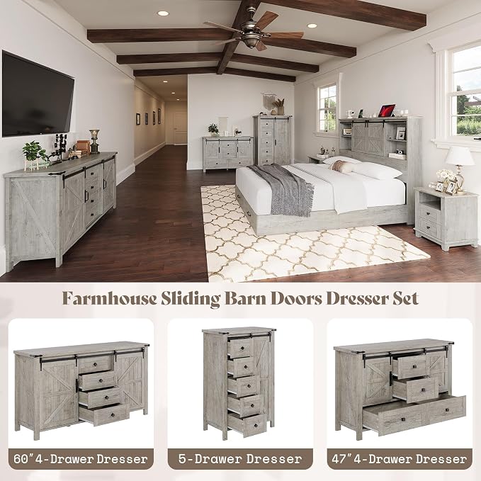 AMERLIFE 4 Pieces Farmhouse Bedroom Set, Includes Full Size Bookcase Headboard Bed Frame, 5 Drawer Tall Dresser, 47'' Dresser with 4 Drawers, 60" Dresser with 4 Drawers, Light Rustic Oak