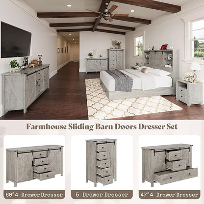 AMERLIFE 4 Pieces Farmhouse Bedroom Set, Includes Full Size Bookcase Headboard Bed Frame, 5 Drawer Tall Dresser, 47'' Dresser with 4 Drawers, 60" Dresser with 4 Drawers, Light Rustic Oak