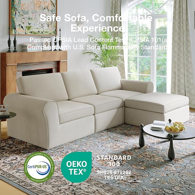 Novilla 108" Modular Sectional Sofa, Modular Sectional Couches for Living Room, Chenille Removable Cover Boneless Couch with Smarts Coil® Support U-Shaped Couch(Beige, 3 Seater + 2 Ottoman)