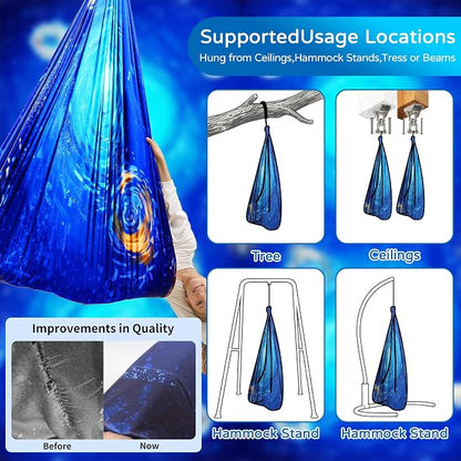 Sensory Swing for Kids Indoor & Outdoor Double Layer Therapy Cuddle Hammock Chair with 360 Swivel Hanger Kit Adjustable Swing for Child and Adult with Aspergers Autism ADHD (Ocean Blue)