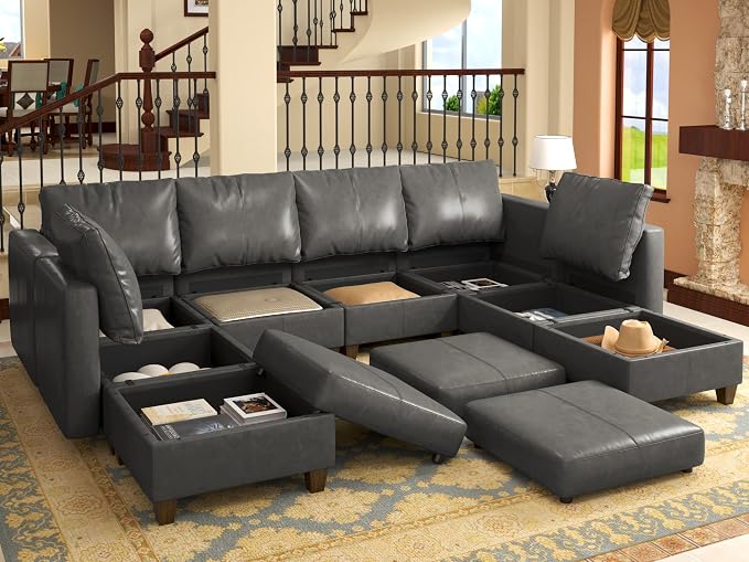 EASE MOOSE Modular Sofa Sectional Couch with Storage Ottomans, Faux Leather Sectional U Shaped Sectional Sofa Modular Sectional Sofa Couch with Reversible Chaises
