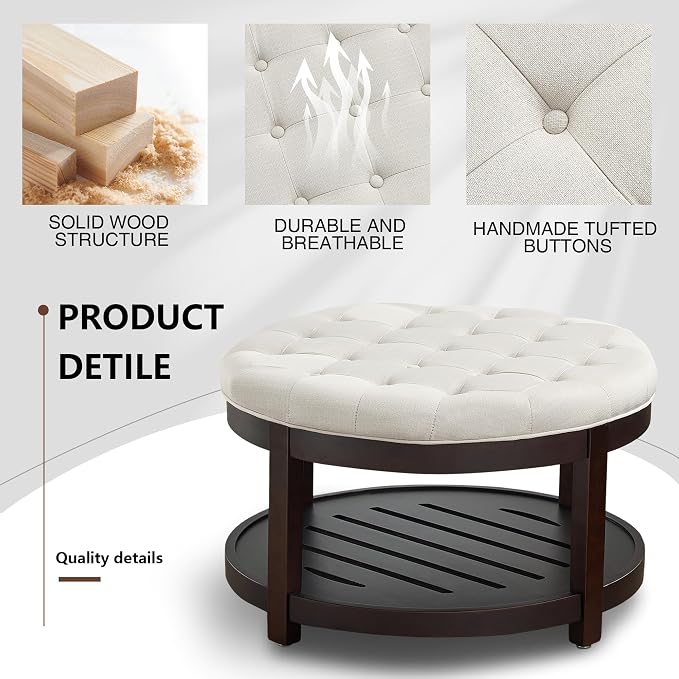 adochr Round Coffee Tables for Living Room,33’’ Storage Ottoman with Wooden Tray, Upholstered Ottoman Footrest, Beige