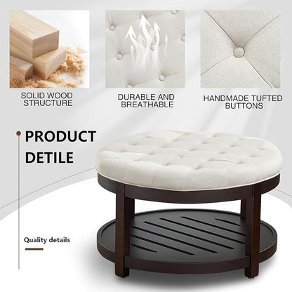 adochr Round Coffee Tables for Living Room,33’’ Storage Ottoman with Wooden Tray, Upholstered Ottoman Footrest, Beige