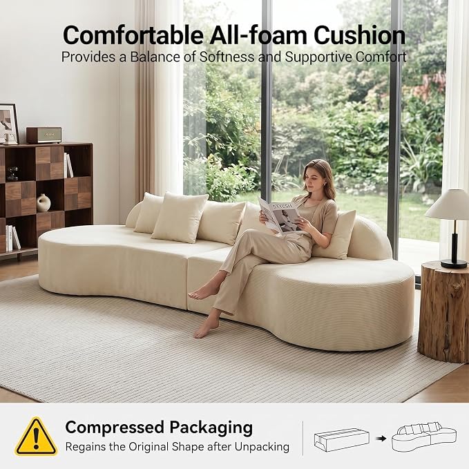 Oversized Modern Curved Cloud Couch Sectional, Boneless Compression Sofa, Modular Sectional Couches, High Density Foam Deep seat Couch with Pillows, Corduroy Sofa for Living Room Office
