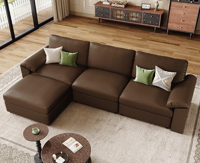 EASE MOOSE Leather Sectional Couch, Oversized Modular Sectional Sofas, Vintage Wide Deep Seat Modular Couch, Scratch Resistant Faux Leather Material, L Shaped Sofa for Big Spaces,Deep Brown