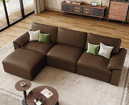 EASE MOOSE Leather Sectional Couch, Oversized Modular Sectional Sofas, Vintage Wide Deep Seat Modular Couch, Scratch Resistant Faux Leather Material, L Shaped Sofa for Big Spaces,Deep Brown