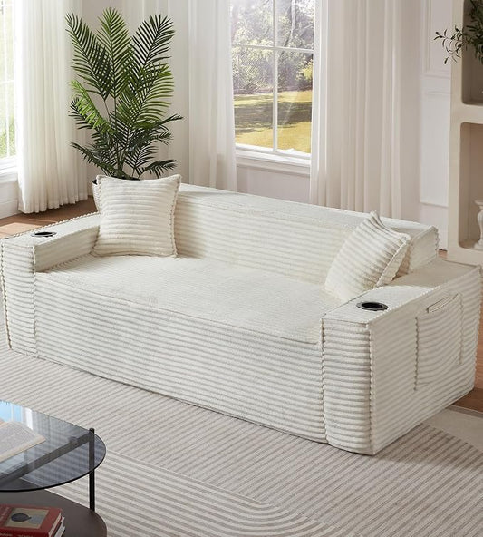 80.7" Boneless Sofa Couches with Cup Holder,3 Seat Couch with Side Pocket, Cloud Couch for Compact Living Rooms, Apartments(Beige White)