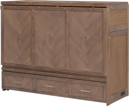 Bellemave Queen Size Murphy Bed with Charging Station and Storage, Farmhouse Murphy Bed with Foldable Panel for Guest Bedroom, Living Room, Office, Light Walnut
