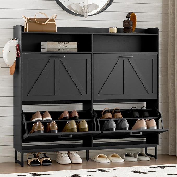 BORNOON Shoe Cabinet with 4 Flip Drawers Narrow Shoe Storage Cabinet Organizer Wooden Freestanding Shoe Rack Hidden Slim Shoes Storage Cabinet for Entryway, Hallway, Living Room, Bedroom